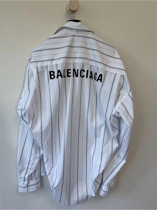 Balenciaga Other - Balenciaga White Shirt with Black Logo and Navy Pinstripes